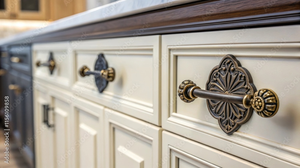 Aufkleber a closeup of the vanitys intricate cabinet handles highlighting their unique design and the contrast
