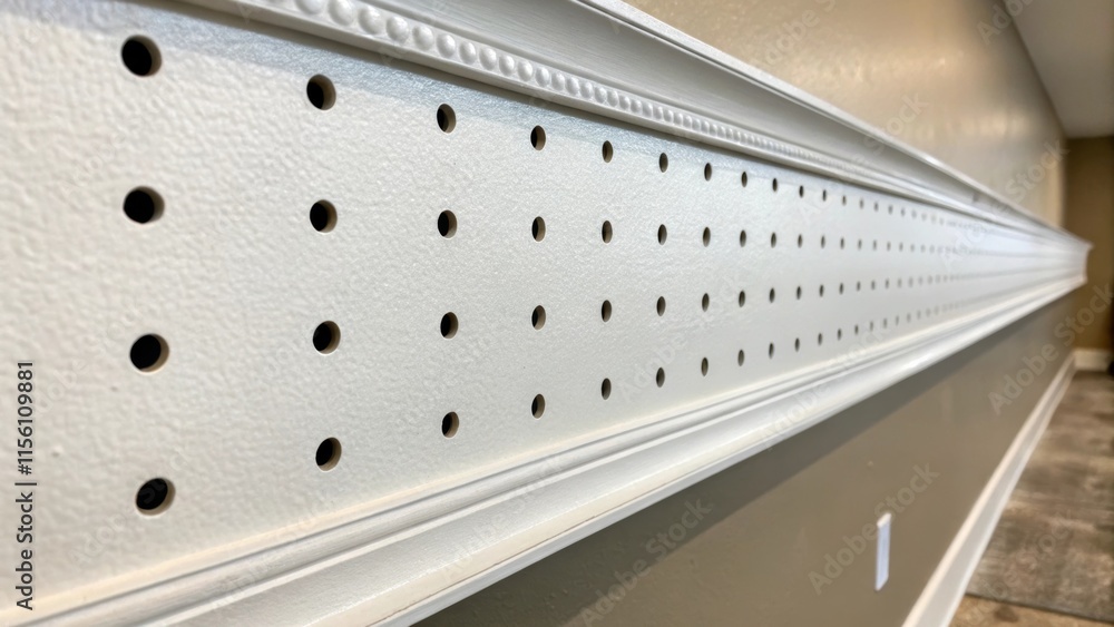 Aufkleber A closeup of the walls surface showing a freshly painted finish marred only by the precise holes for floating shelves reflecting a clean yet functional aesthetic in the space.