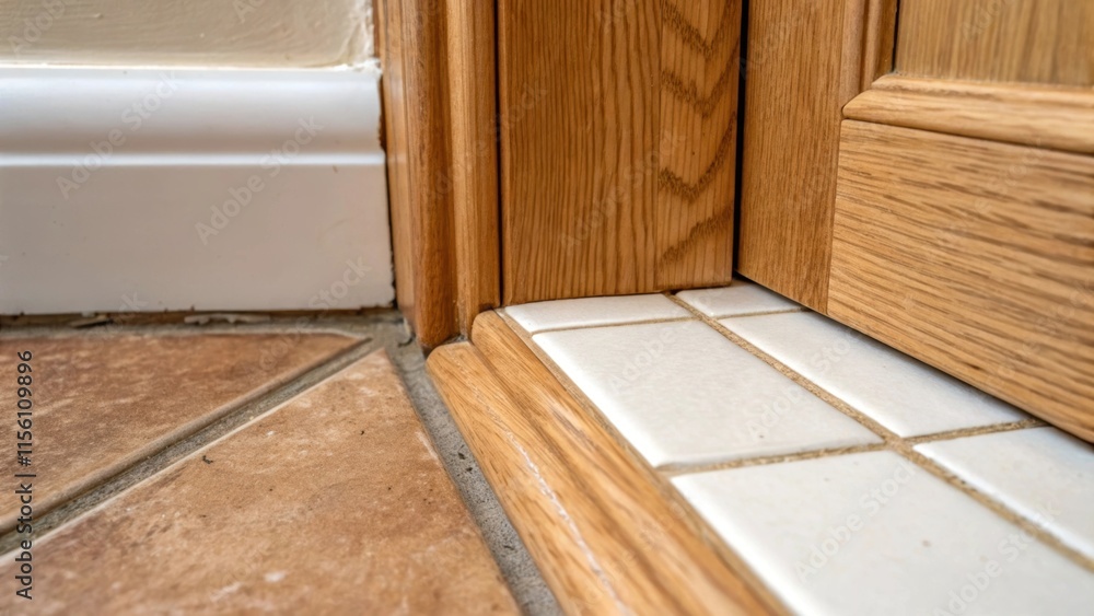 Poster a closeup of the transition between the ceramic tiles and the wood of the door frame illustrating th