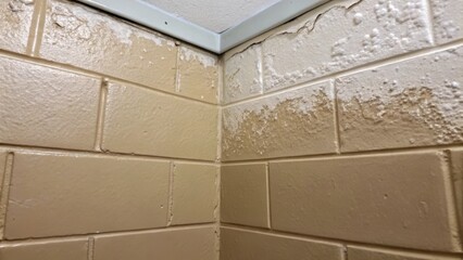 A closeup of the wall corner reveals patches of fresh joint compound still slightly damp smoothed over where old fixtures were removed. The surface glistens under the overhead