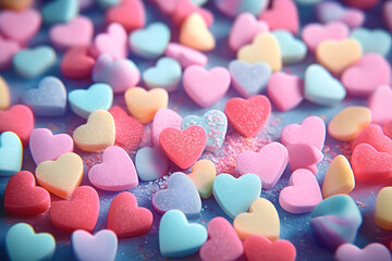 Fototapeta premium Background of brightly colored candy hearts for Valentine's Day.