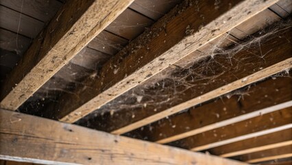 A closeup of the undersides of the beams where dust and cobwebs have gathered hinting at the time elapsed since the last renovation effort evoking a sense of anticipation for