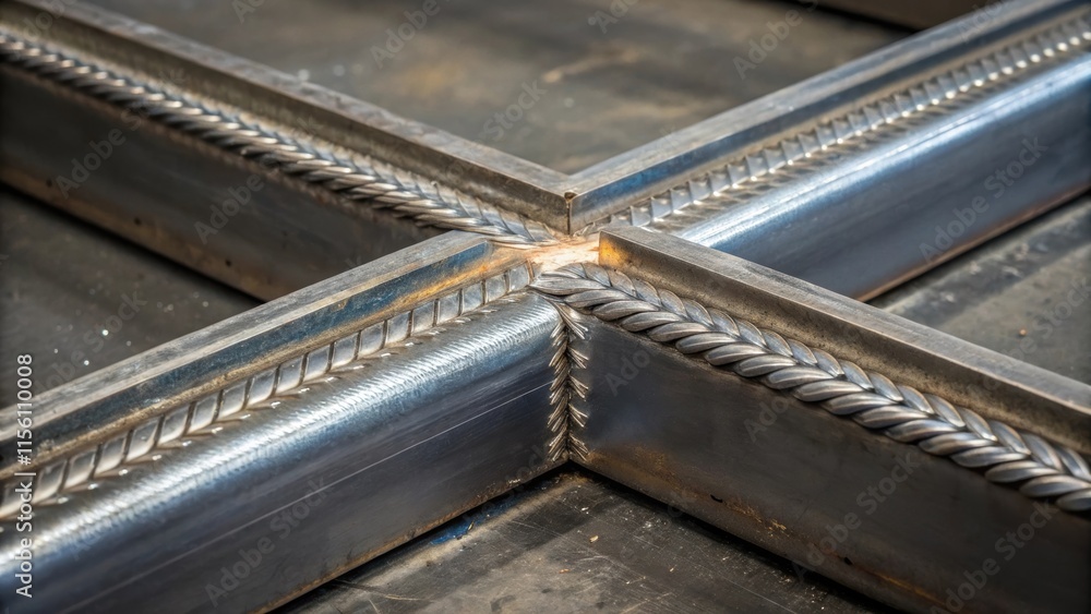 Poster A closeup of the intricate junction where two ducts meet highlighting the craftsmanship with visible welding marks and the contrast of smooth metal against textured surface.