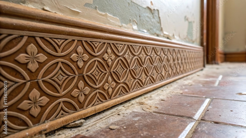Poster a closeup of the intricate surface of a skirting tile showcasing its patterned detail with a hint of