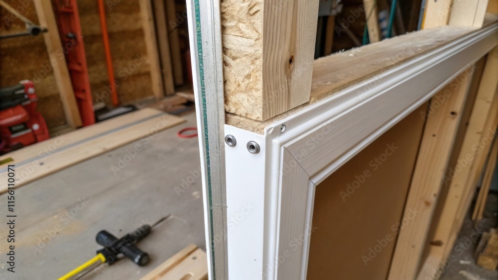 Aufkleber A closeup of the corner of the sliding door frame shows a shim wedged in place ensuring a snug fit against the wall with the unusual mix of raw materials in the background hinting