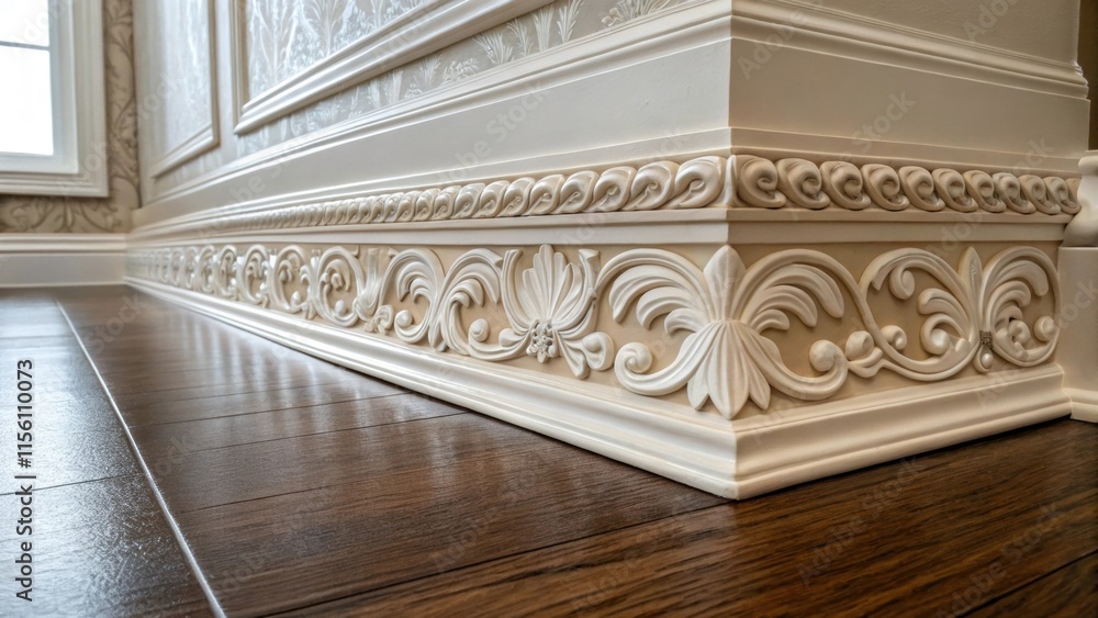 Poster a closeup of the crown moldings profile reveals its elegant curves and ornate detailing while a lyth