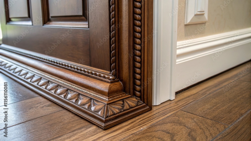 Aufkleber A closeup of the door frames base highlighting the sy design as it meets the floor with a hint of the flooring visible that complements the woods color.