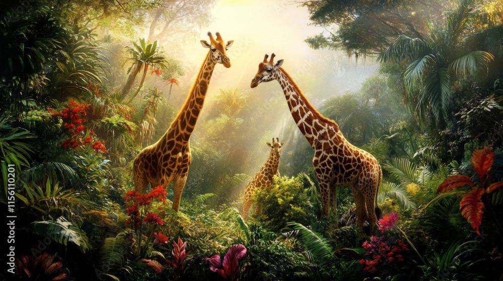 Poster majestic giraffes in lush green jungle surrounded by vibrant flora with soft sunlight filtering thro