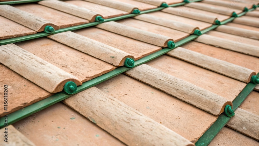Aufkleber A closeup of muted terracotta tiles being p in a staggered pattern with earthy green spacers that add a pop of color while emphasizing the rustic feel of the renovation.