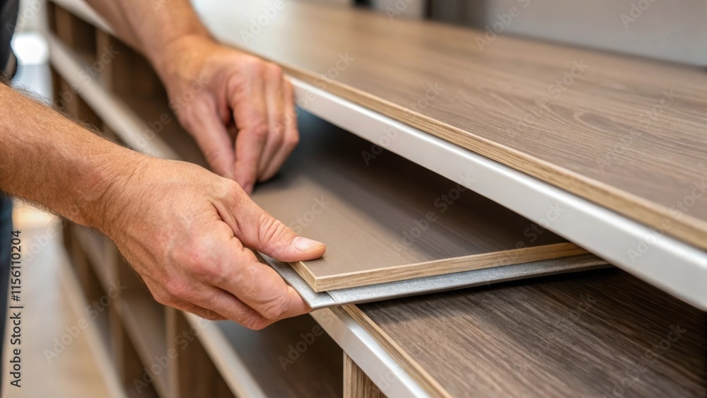 Poster A closeup of hands carefully aligning two sections of a laminate shelf the focus on the precision needed for a seamless fit as they move into place.