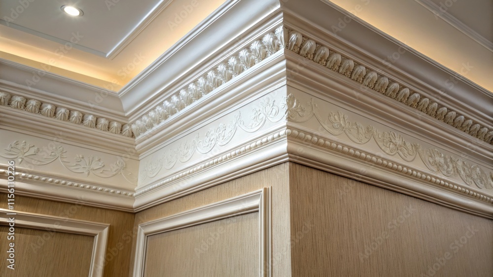 Aufkleber A closeup of corner molding where two walls meet featuring a smooth curve and intricate detailing adding visual interest to the space.