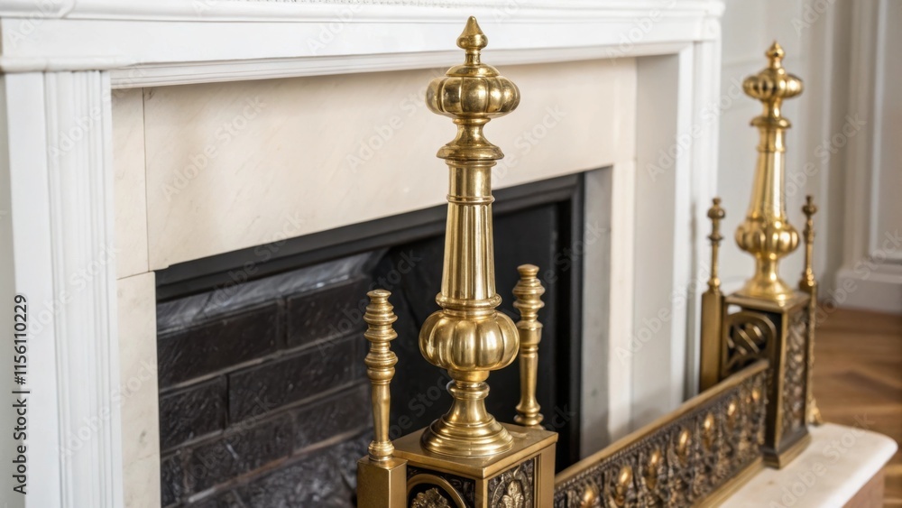 Aufkleber A closeup of brass fixtures designed to complement the fireplaces aesthetics with intricate details shining against the minimalist backdrop.