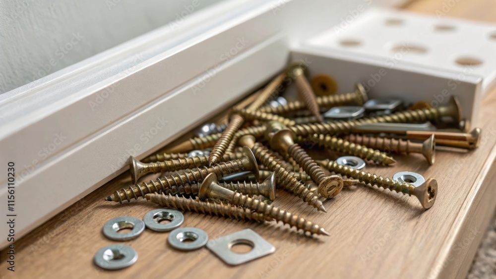 Poster a closeup of exposed screws and mounting brackets in the cabinet assembly spilling over a smooth sec
