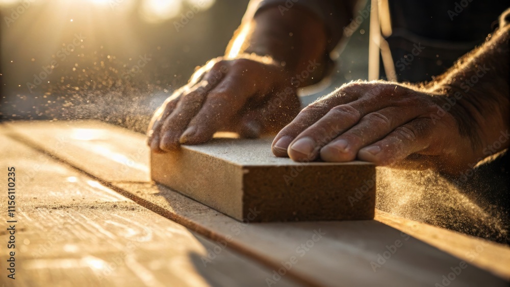 Poster a closeup of a workers hands gripping a sanding block their worn fingertips pressing down on a secti