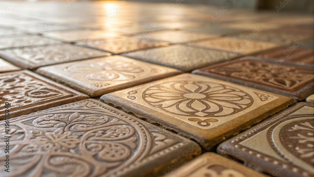 Poster A closeup of glistening ceramic tiles arranged neatly showcasing intricate patterns and muted earth tones reflecting light in soft glimmers.