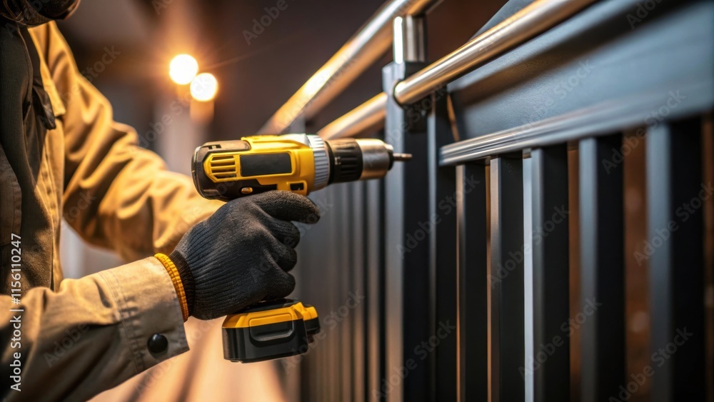 Poster A closeup of a workers gloved hand gripping a power tool focused on installing a section of railing capturing the intensity of the renovation.