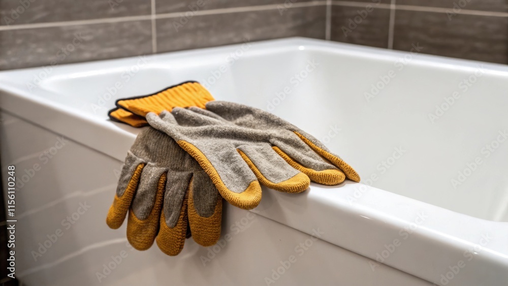 Poster A closeup of construction gloves resting on the edge of the bathtub the fabrics texture contrasting with the smooth porcelain surface capturing the intersection of labor and