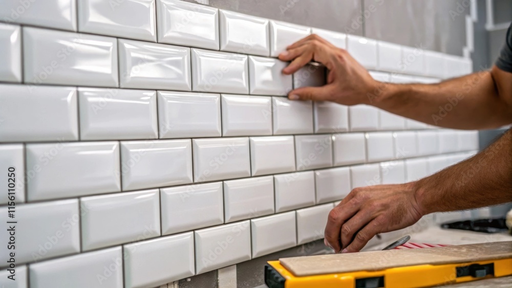 Poster a closeup of a workers hands carefully arranging glossy subway tiles along the wall with a few tiles