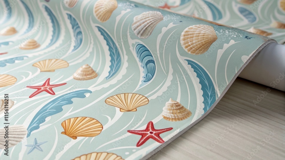 Fototapete a closeup of coastalthemed wallpaper showcasing shells and waves the edge precisely trimmed while th