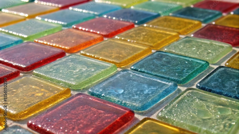 Poster A closeup of brightly colored glass tiles shimmering in the light their translucent edges catching reflections and creating an effervescent pop of color a the more muted tiles.