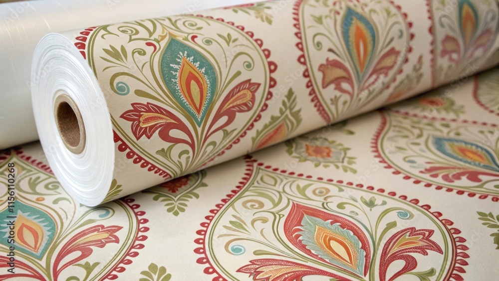 Poster a closeup of a wallpaper roll showing vibrant motifs with fine details of the patterns emerging as t