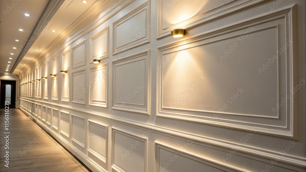 Poster a closeup of a white wall illuminated softly by recessed lights creating an inviting ambiance and re