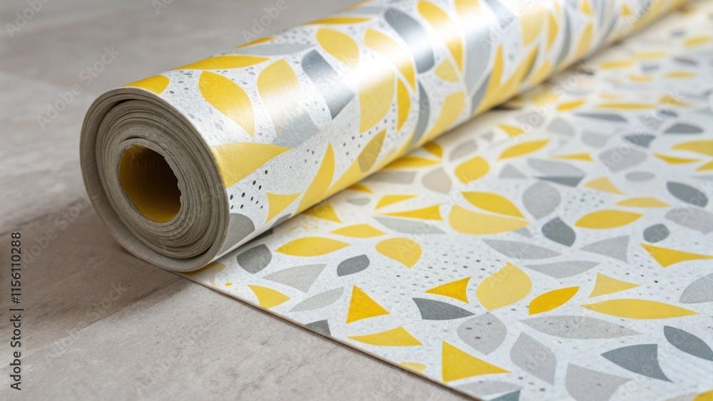Poster a closeup of a vinyl flooring roll featuring a bright contemporary pattern with splashes of yellow a