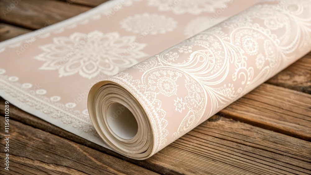Poster a closeup of a wallpaper roll featuring delicate lace motifs partially and d artfully over a rustic 