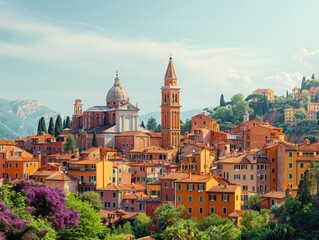 Fototapeta premium A scenic panorama of a hillside town with vibrant terracotta rooftops, featuring a blend of lush greenery and historic architecture under a clear sky.