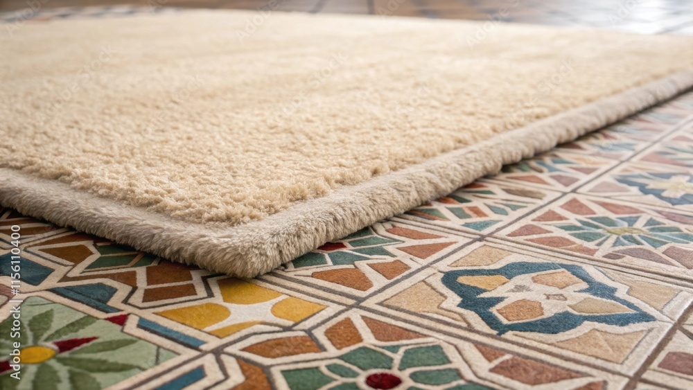 Poster A closeup of a soft plush area rug p over geometric tiles blending textures and colors adding warmth and comfort while showcasing the intricate tile work beneath.