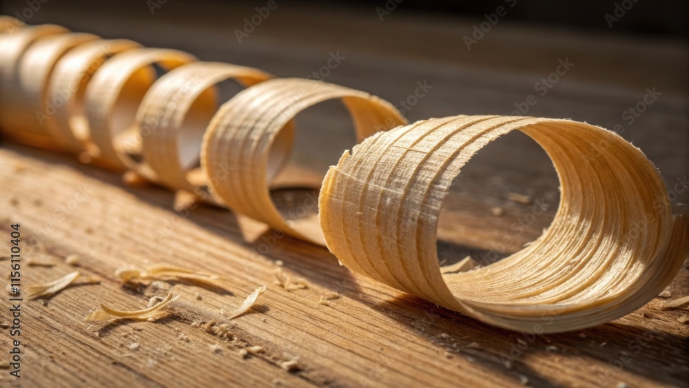 Poster a closeup of a single long wood shaving that twists and spirals highlighted under a beam of light re