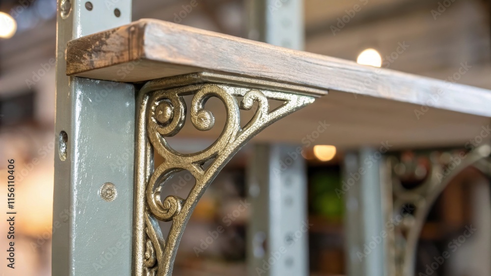 Poster A closeup of a single mounted shelf bracket the light catching the metallic finish surrounded by a fading paint border that indicates a prior color scheme.