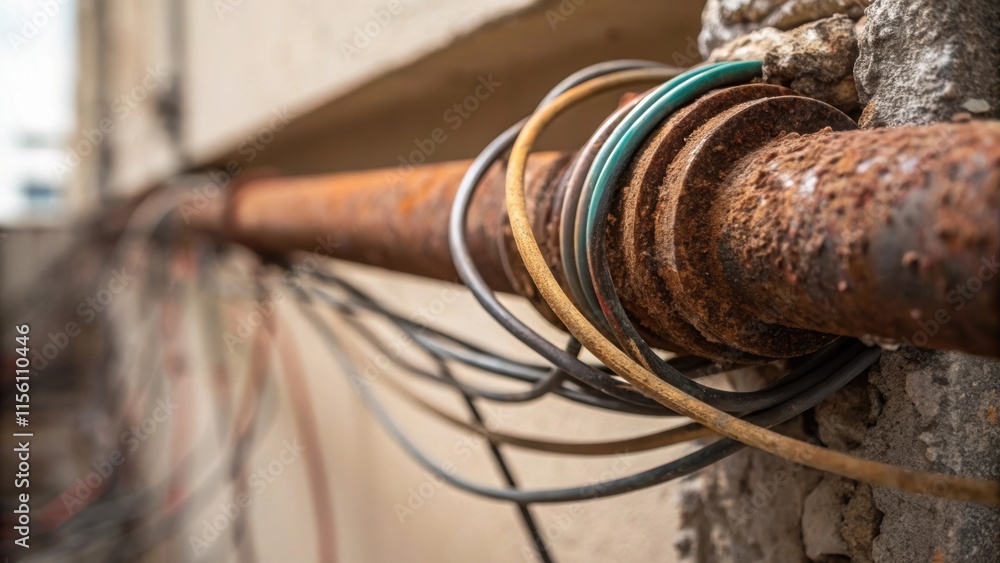 Leinwandbilder a closeup of a rusted pipe jutting out from a wall intertwined with thin electrical wires enveloped 
