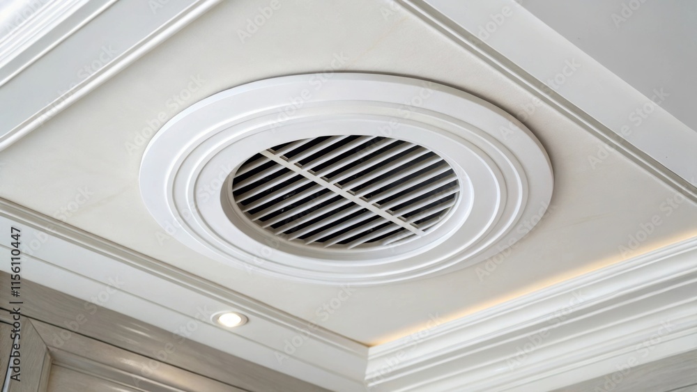Poster a closeup of a round ventilation grille set into a pristine white ceiling surrounded by a clean mode