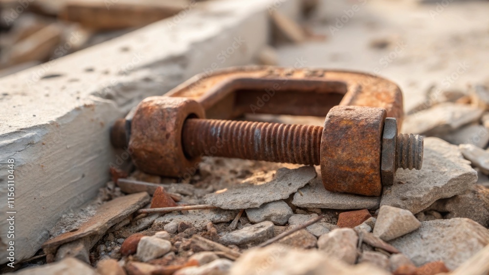 Poster A closeup of a rusty clamp lying a the debris its metallic surface glinting in the light against a backdrop of soft crumbled material.