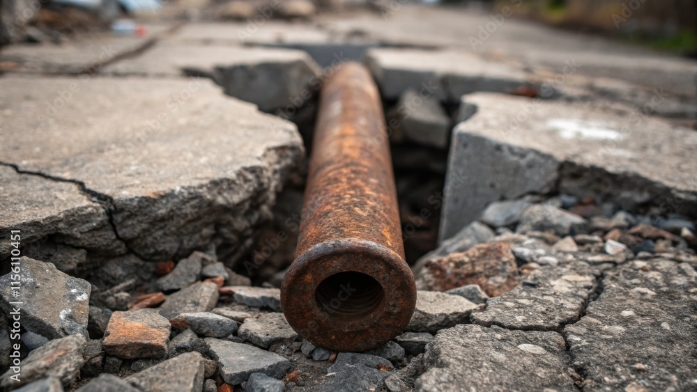 Aufkleber A closeup of a rusty pipe protruding from a broken concrete slab creating strong contrast against the jagged edges of the surrounding rubble.