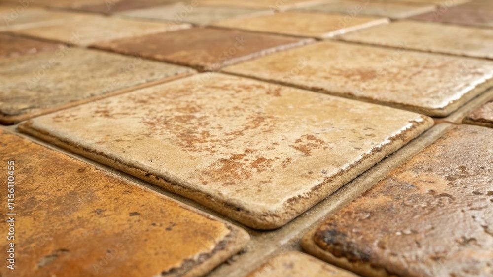 Poster A closeup of a rustic textured ceramic tile showcasing a weathered finish with uneven edges and earthy tones providing a warm and inviting foundation to the space.