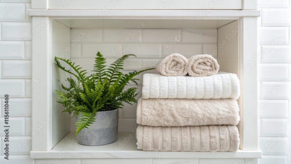 Poster A closeup of a recessed shelf in a bathroom adorned with neatly stacked fluffy towels and a small potted fern creating a serene spalike atmosphere against a pristine white