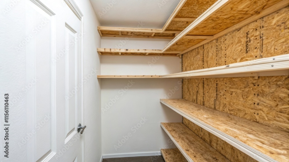 Poster a closeup of a pristine white wall within the closet contrasting with the rough texture of plywood s
