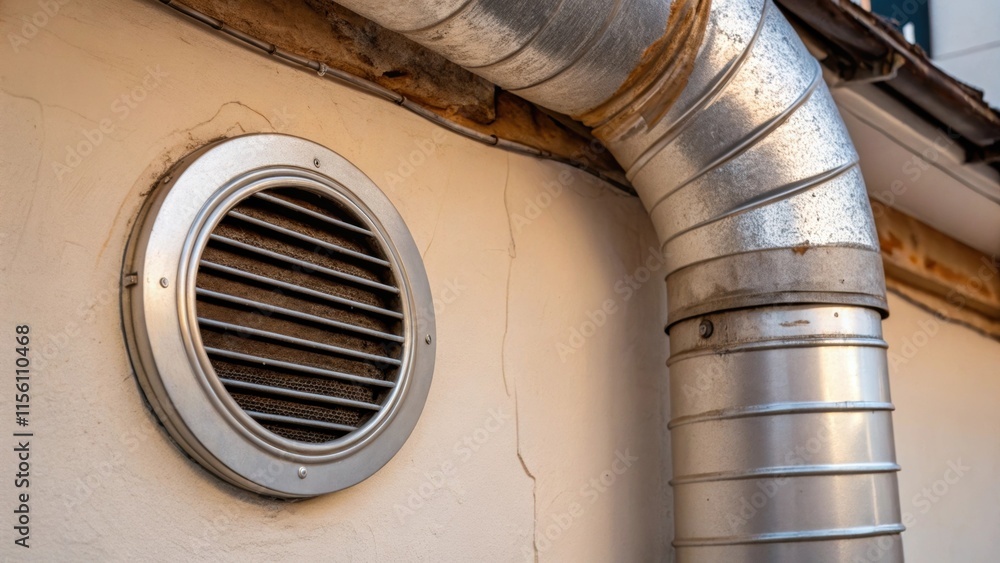 Poster a closeup of a round shiny heating vent on a pale wall complementing the nearby exposed duct with a 