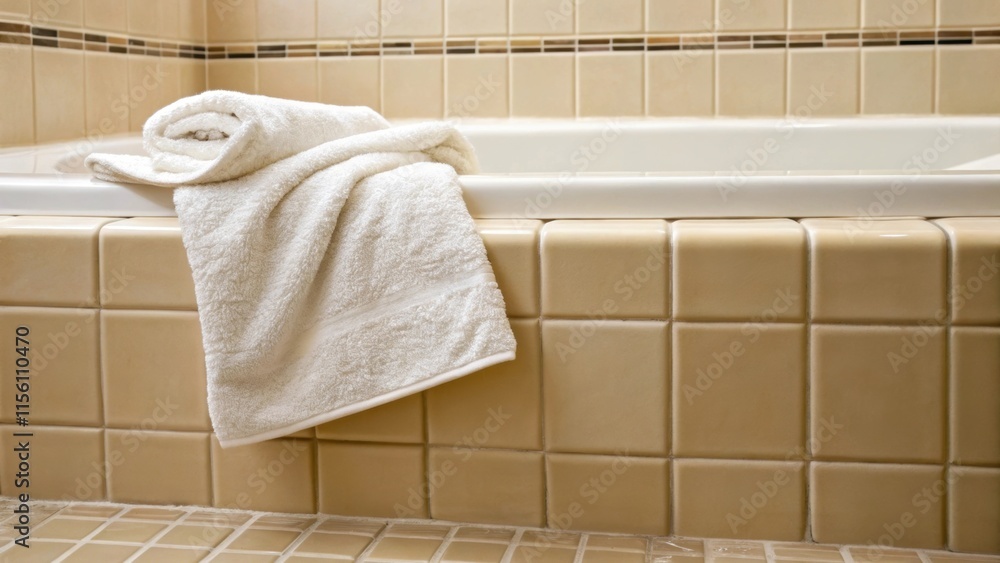 Leinwandbilder a closeup of a rich creamcolored tile floor complements the bathtub with a pair of fluffy white towe