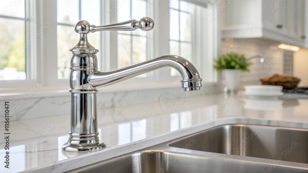 Poster A closeup of a polished chrome faucet with a sleek lever perfectly aligned with the rim of a large undermount sink capturing the anticipation of function and style in a bright airy