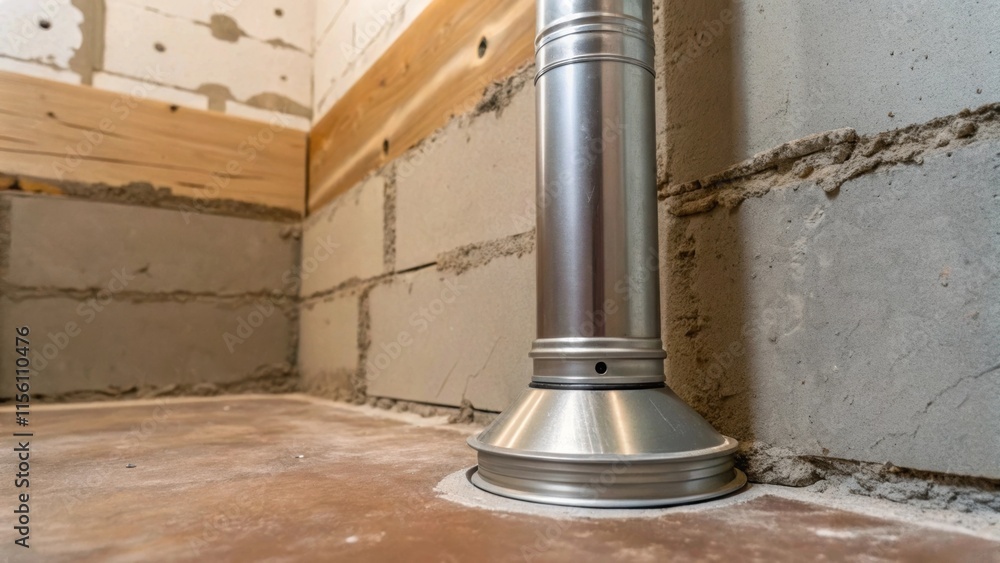 Poster A closeup of a plumbing vent stack that rises from the floor its metallic sheen contrasting with the unfinished texture of newly putty applied to the walls.
