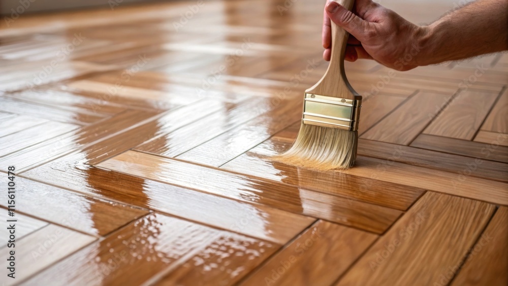 Poster a closeup of a professional hand applying finish to a newly installed parquet tile with the brush gl