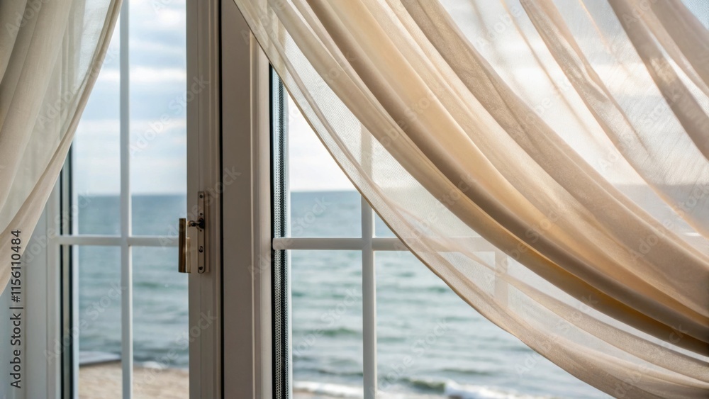 Aufkleber A closeup of a partiallyopen glass panel catching the gentle breeze with soft curtains billowing behind it creating a dynamic yet serene effect.