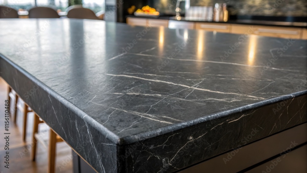 Poster A closeup of a polished black slate countertop with angular precision edges glimmering under soft light revealing the depth and character of its surface textures.