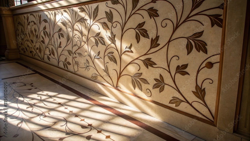 Poster A closeup of a panel adorned with decorative etchings that resemble flowing vines the light playing upon them to create an artistic shadow play on the floor.