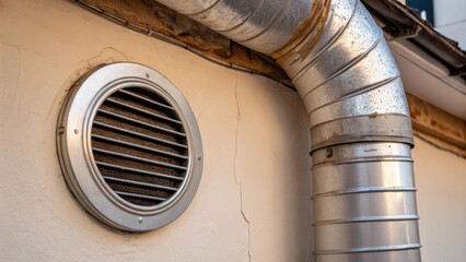 A closeup of a round shiny heating vent on a pale wall complementing the nearby exposed duct with a distressed finish adding character and a touch of vintage charm.