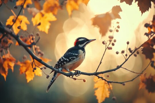 A Woodpecker Perched on a Branch in Autumn Sunlight