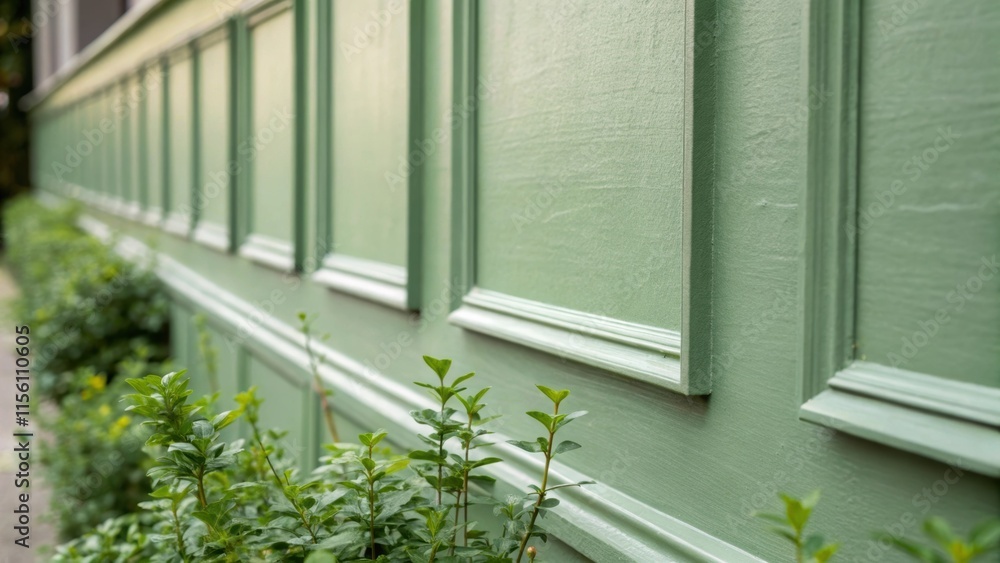 Poster a closeup of a fresh sage green accent wall evoking tranquility with the paint subtly textured and s